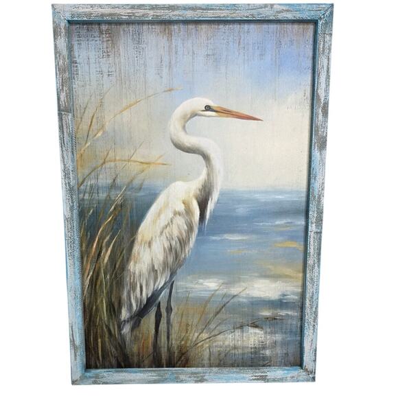 Coastal Heron Framed Wood Print 11'x16" Wall Art Beach Seascape Artwork Seashore - Picture 1 of 16